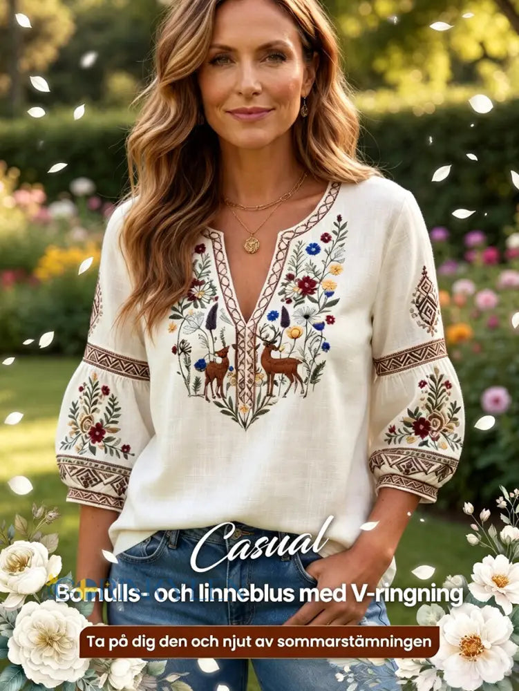 Kvinnors Off-vit traditionell broderad utskrift Casual V-hals bomull-Linen T-shirt - kränk-vitt / S