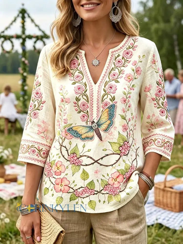 Kvinnors off-vita svenska båge Skriv ut Casual V-hals bomull-Linen T-shirt - kränk-vitt / S