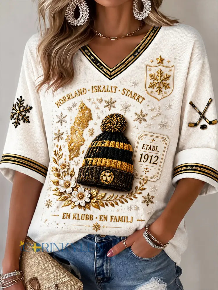 Kvinnors Off-White Brynäs IF Svensk ishockey tryckt Casual V-Hack Långärmad T-shirt - vitt / S