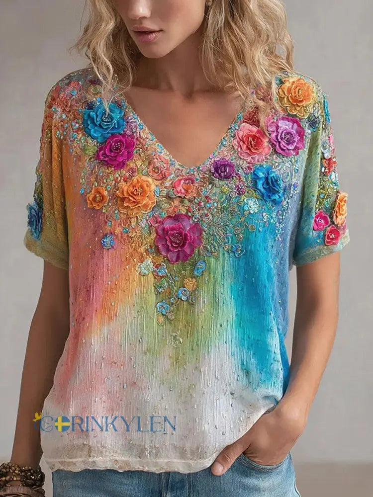 Kvinnors regnbåge Floral Print Casual T-shirt - som bild / S