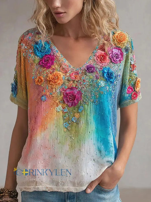 Kvinnors regnbåge Floral Print Casual T-shirt - som bild / S