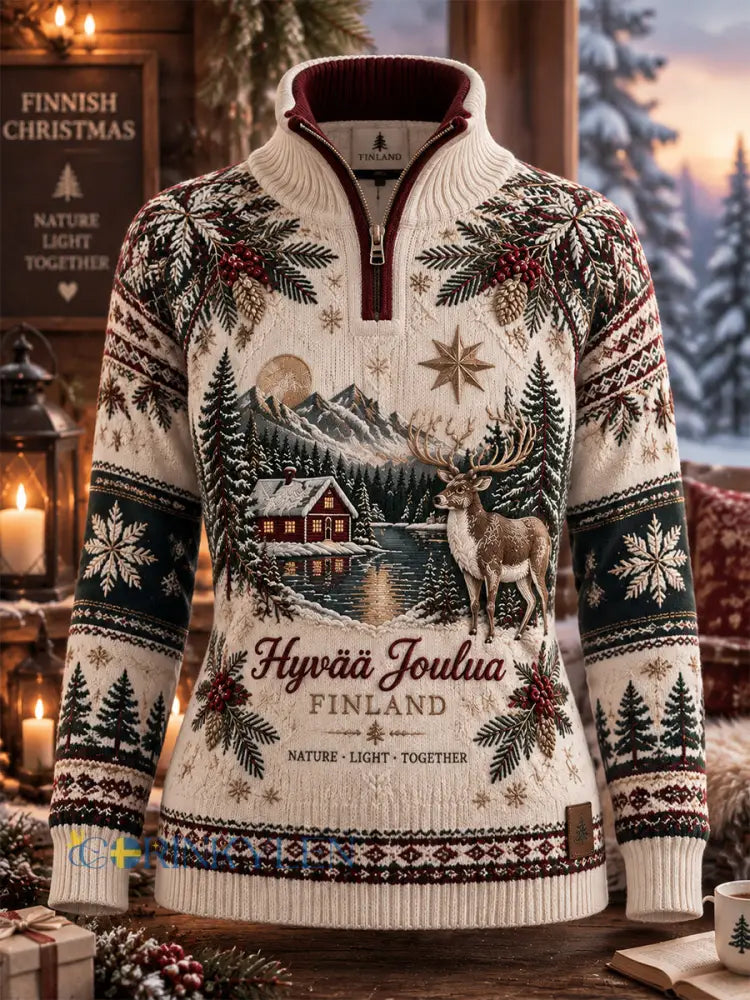 Kvinnors Retro Finska Jul Halv-Zip Sweatshirt - Aprikot / S
