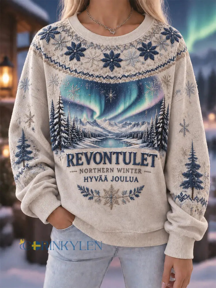 Kvinnors Retro Finska Julen Crewneck Sweatshirt - Aprikot / S