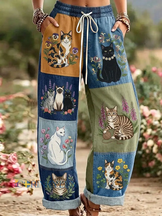 Kvinnors Retro Floral Cat Print Casual byxor - blandad färg / S