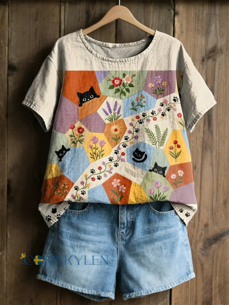 Kvinnors Retro Floral Cats Skriv ut Casual Tee - blandad färg / S
