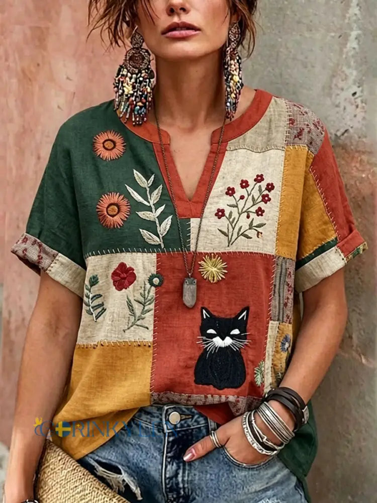 Kvinnors Retro Floral katt Print Casual V-Hack skjjorta - Jacint / S