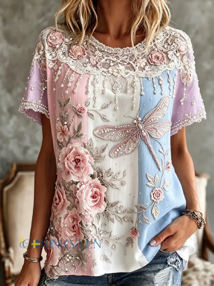 Kvinnors Retro Floral Print Konst Skriv ut Casual T-shirt - A / S