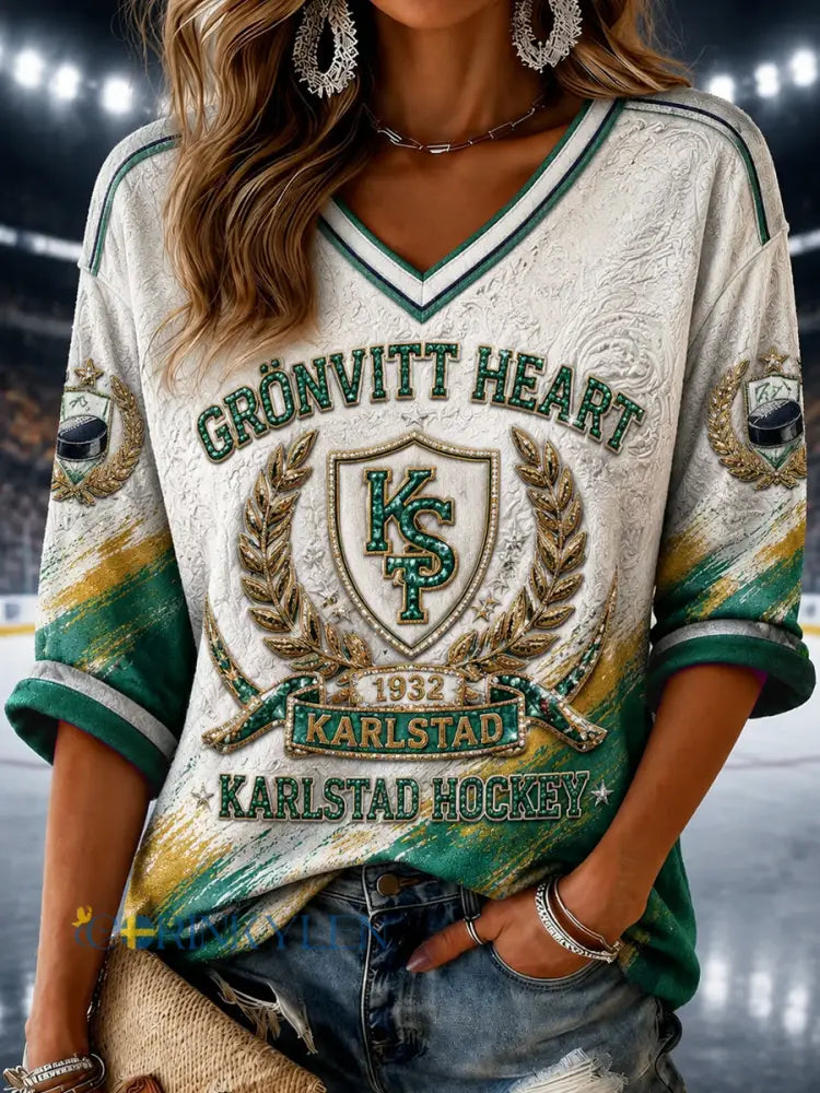 Kvinnors Retro GRÖN & VIT HOCKEY V-Hack T-shirt - som bild / S