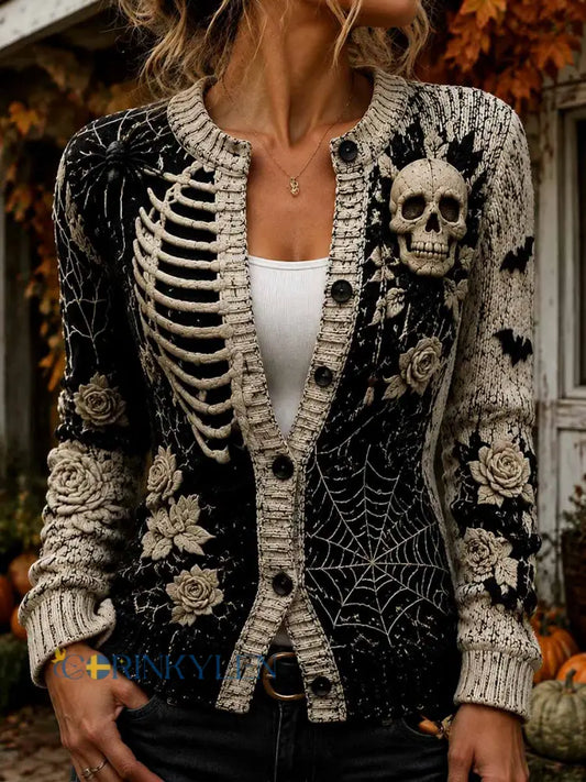 Kvinnors Retro Halloween mönster Skriv ut Cardigan-stil sticka jacka - som bild / S