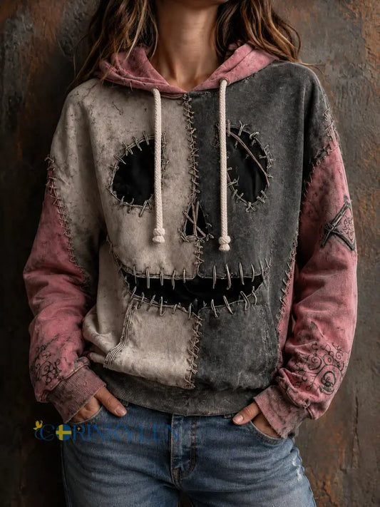 Kvinnors Retro Halloween Shopping Patchwork Casual Hoodie. - som bild / S