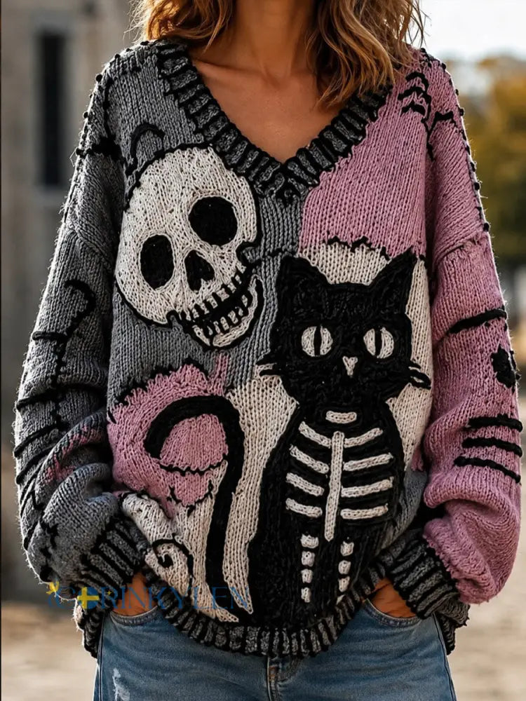 Kvinnors Retro Halloween svart katt och skull V-hals sweathirt - som bild / S