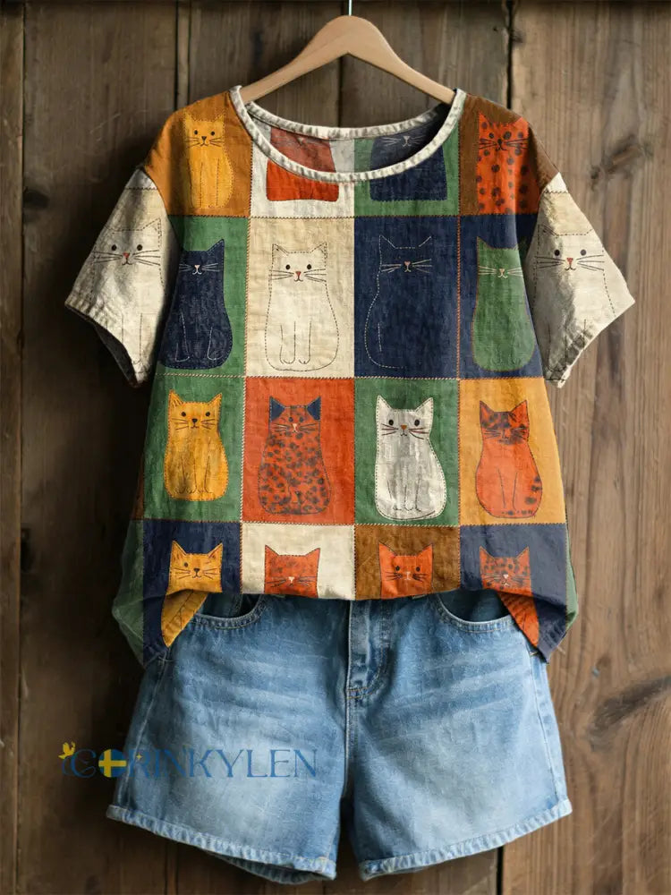 Kvinnors Retro Katter Skriv ut Casual Tee - blandad färg / S