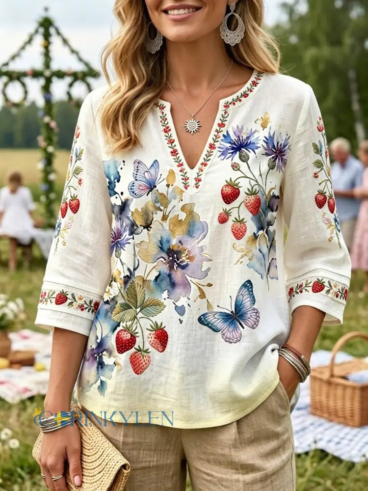 Kvinnors Retro midsommar fjäril-Print bomull-line - flerlog / S