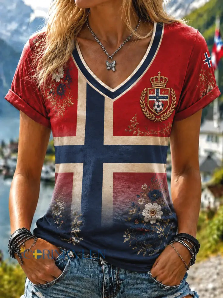 Kvinnors Retro Norge 2026 Fotboll Floral Classic T-shirt - som bild / S