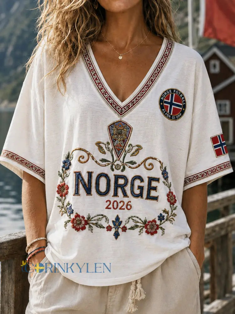 Kvinnors Retro Norska Floral Casual V-hals T-shirt - som bild / S