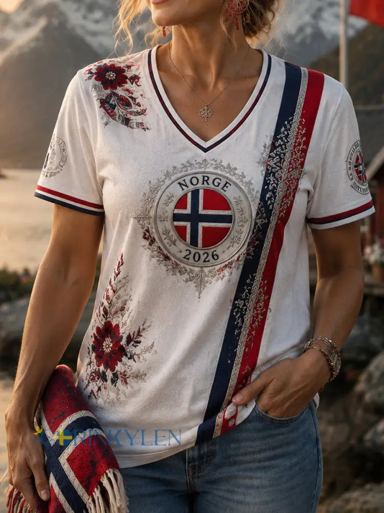 Kvinnors Retro Norska Floral konst Casual V-Hack T-shirt - som bild / S