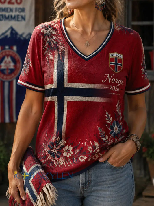 Kvinnors Retro Norska Floral Patchwork Casual V-Hack T-shirt - som bild / S