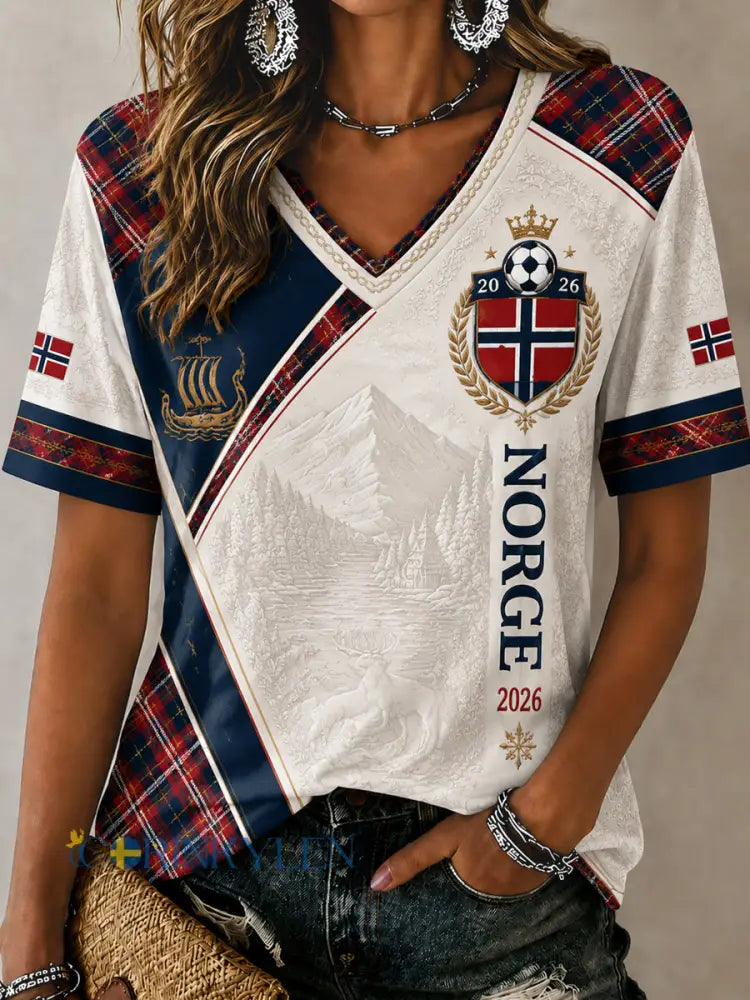 Kvinnors Retro Norska Fotboll minne V-Hack T-shirt - som bild / S