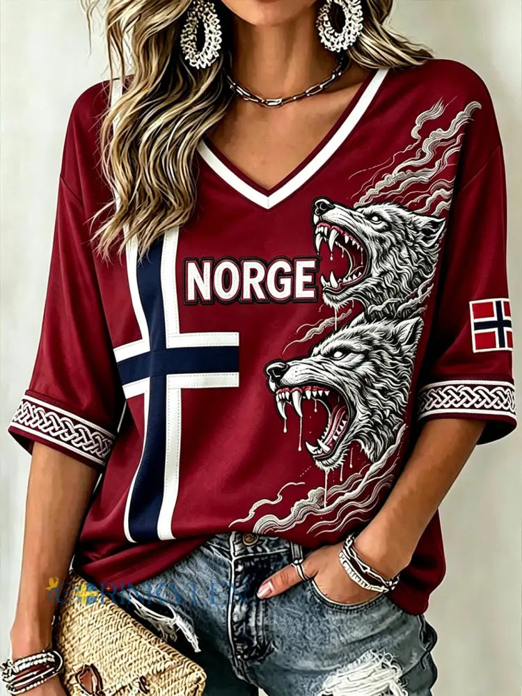 Kvinnors Retro Norska Viking Djur mönster tryckt med längd ärmar V-hals T-shirt - vinröd / S