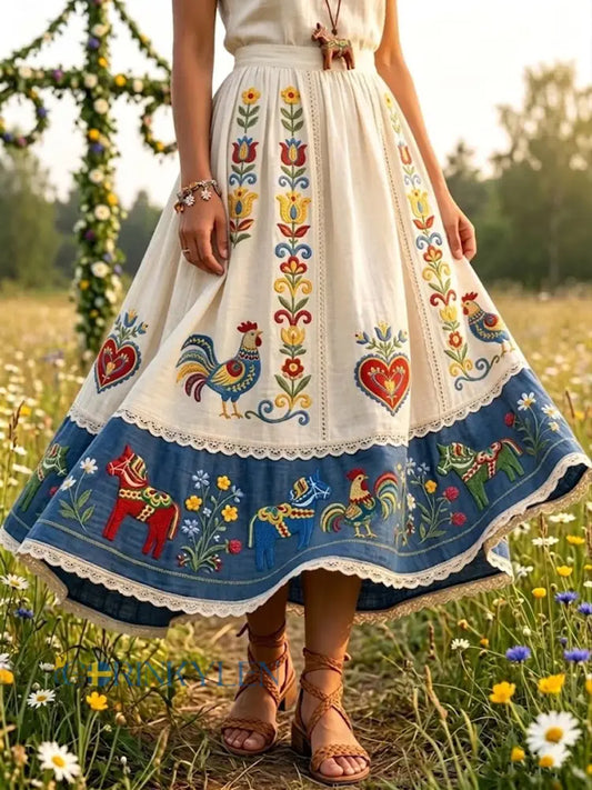 Kvinnors Retro Romantisk Floral Lappverk Midi Skirt - flerlog / S