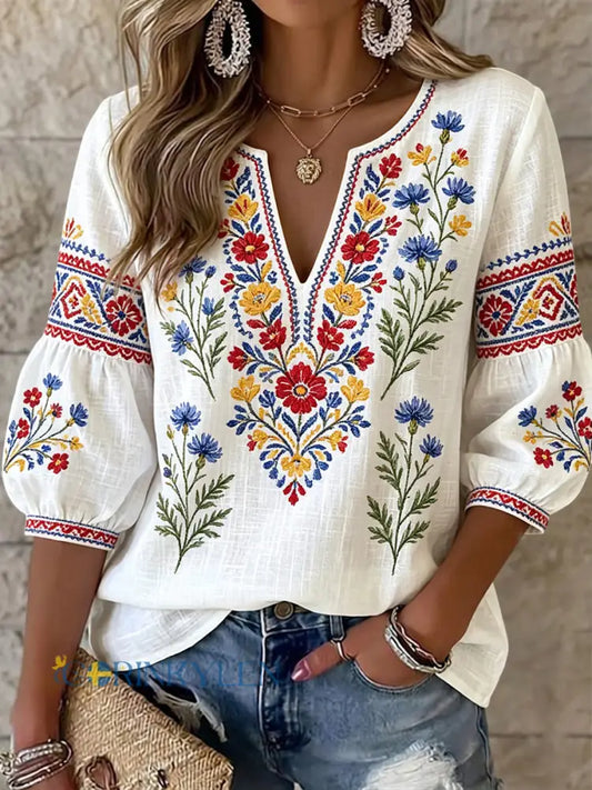 Kvinnors Retro Svenska midsommar Floral Art V-Hack Topp - flerlog / S