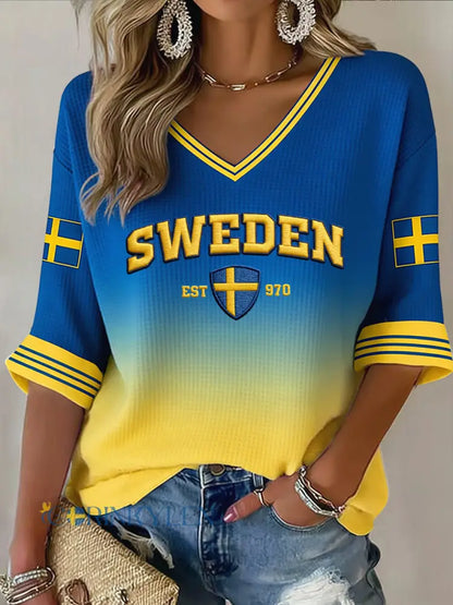 Kvinnors Retro Sverige 2026 Fotboll Gradient Våffle-väv Topp - blå / S