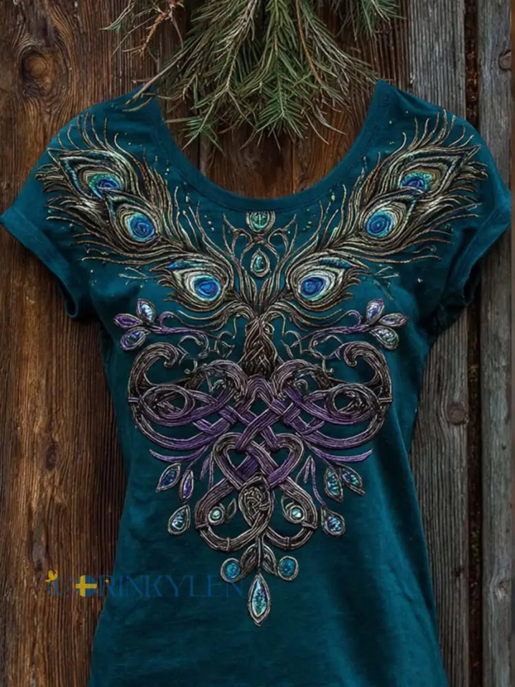 Kvinnors retro Viking stil påfågelfjäder mönster tryckt avslappnad tvättad kortärm T-shirt - Peacock blå / S