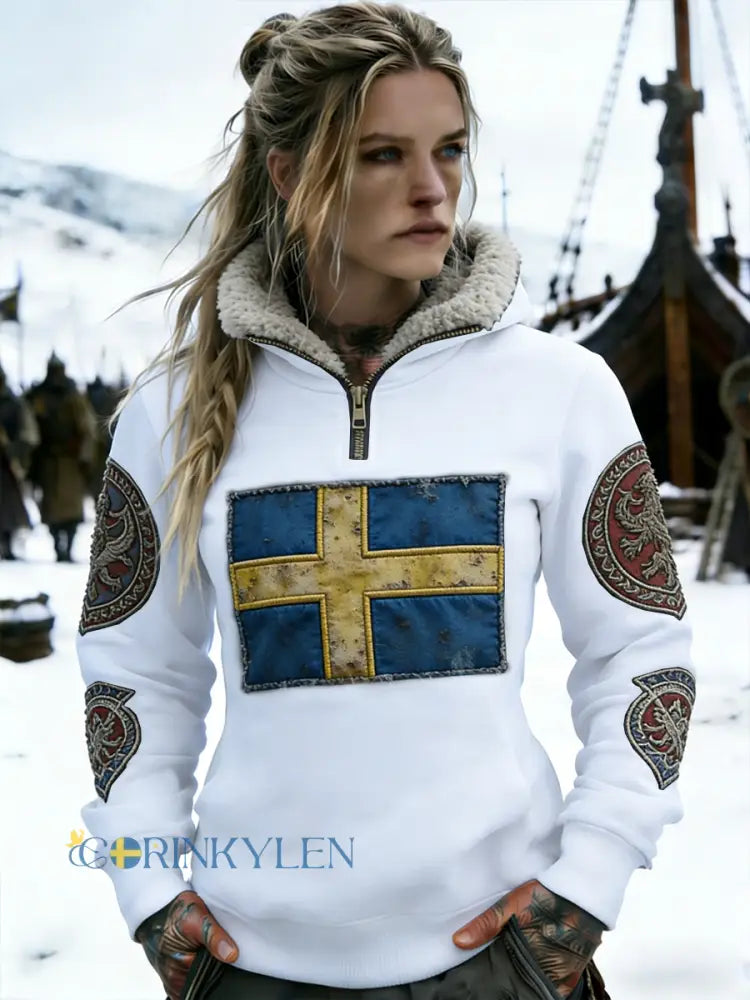Kvinnors Retro Viking Svenska flaggmärke Fleece-fodrad blixtlås huvudlåga