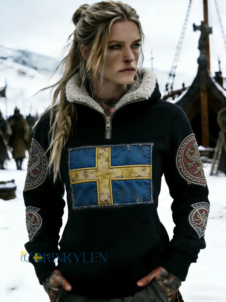 Kvinnors Retro Viking Svenska flaggmärke Fleece-fodrad blixtlås huvudlåga