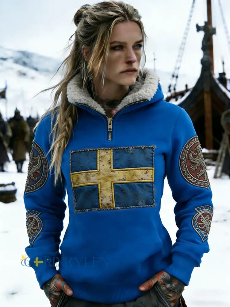 Kvinnors Retro Viking Svenska flaggmärke Fleece-fodrad blixtlås huvudlåga