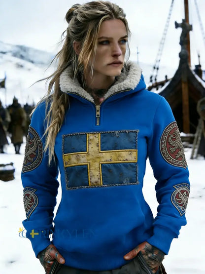 Kvinnors Retro Viking Svenska flaggmärke Fleece-fodrad blixtlås huvudlåga