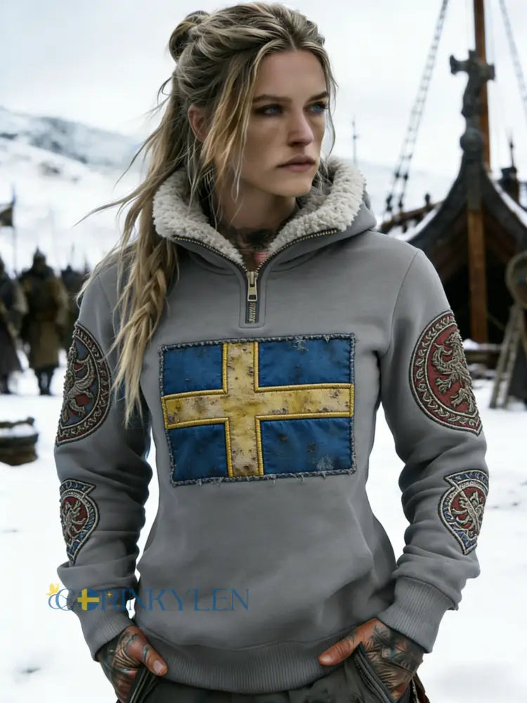 Kvinnors Retro Viking Svenska flaggmärke Fleece-fodrad blixtlås huvudlåga - grå / S