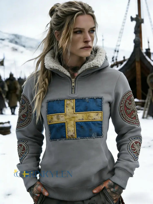 Kvinnors Retro Viking Svenska flaggmärke Fleece-fodrad blixtlås huvudlåga - grå / S