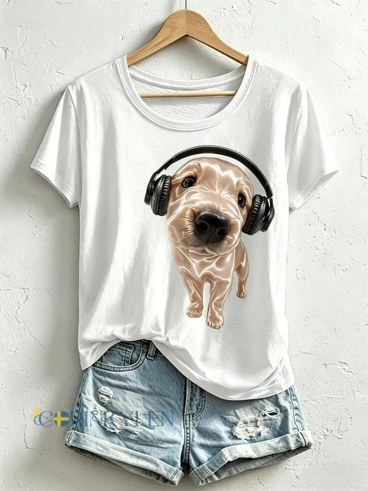 Kvinnors roliga hund mönster T-shirt - vitt / S