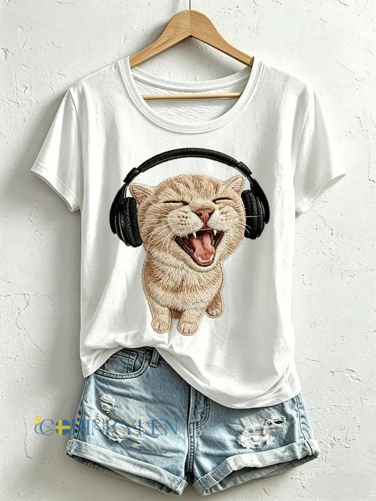 Kvinnors roliga katt Print T-shirt - vitt / S