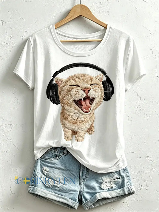 Kvinnors roliga katt Print T-shirt - vitt / S