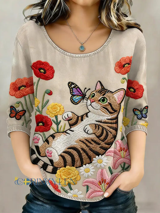 Kvinnors roliga katt-temade blommor Skriv ut lin T-shirt - som bild / S