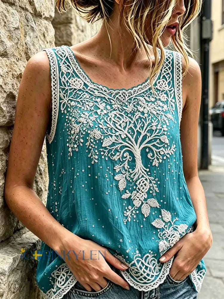 Kvinnors romantiska Viking Print Tank Topp - som bild / S