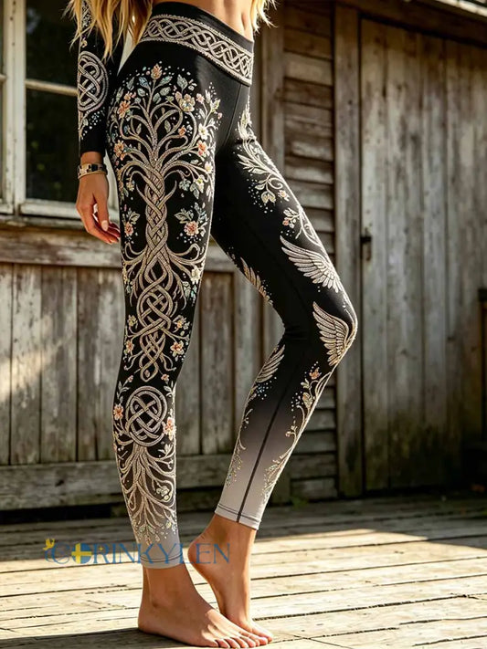 Kvinnors romantiska vikinga träd av livet Print Leggings - som bild / S