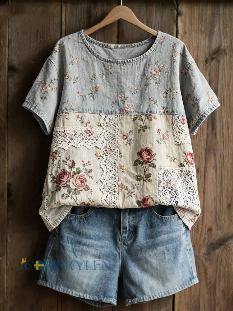 Kvinnors Rose Print Casual T-shirt - som bild / S