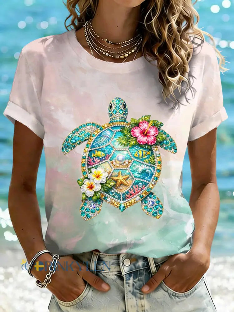 Kvinnors Sea Turtle Konst Skriv ut Casual T-shirt - som bild / S