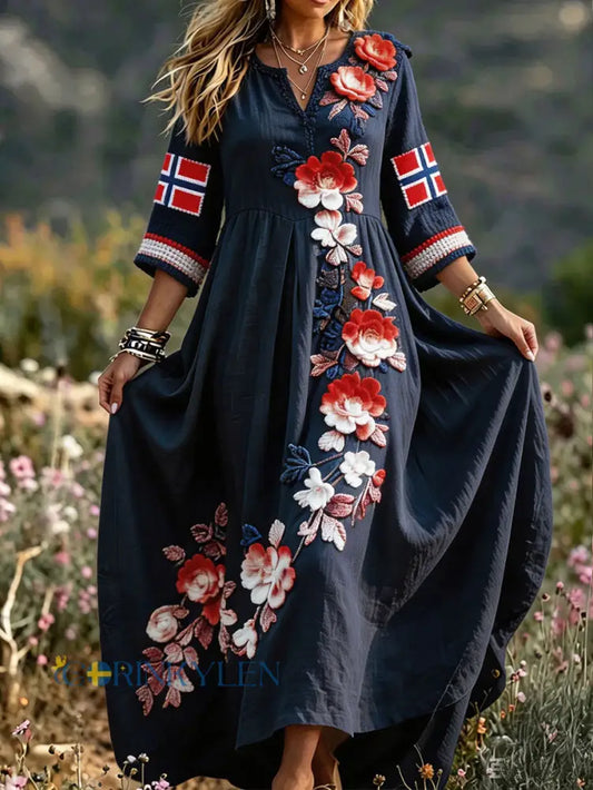 Kvinnors Skandinavien Nordic Style Floral konst Tryckt lin klänning - blå sjöfart / S