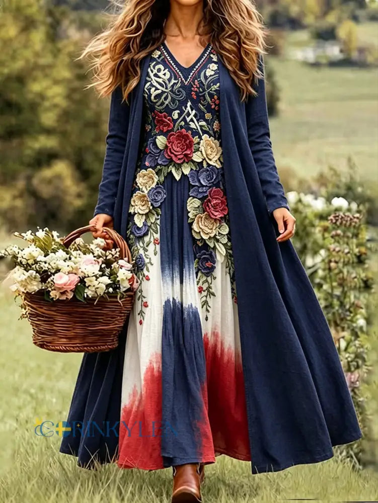 Kvinnors Skandinavien Style Nordic Floral Konst Tryckta Sets - blå sjöfart / S