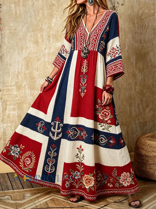 Kvinnors Skandinavien Style Nordic Floral Viking konst Tryckt linneklänning - som bild / S