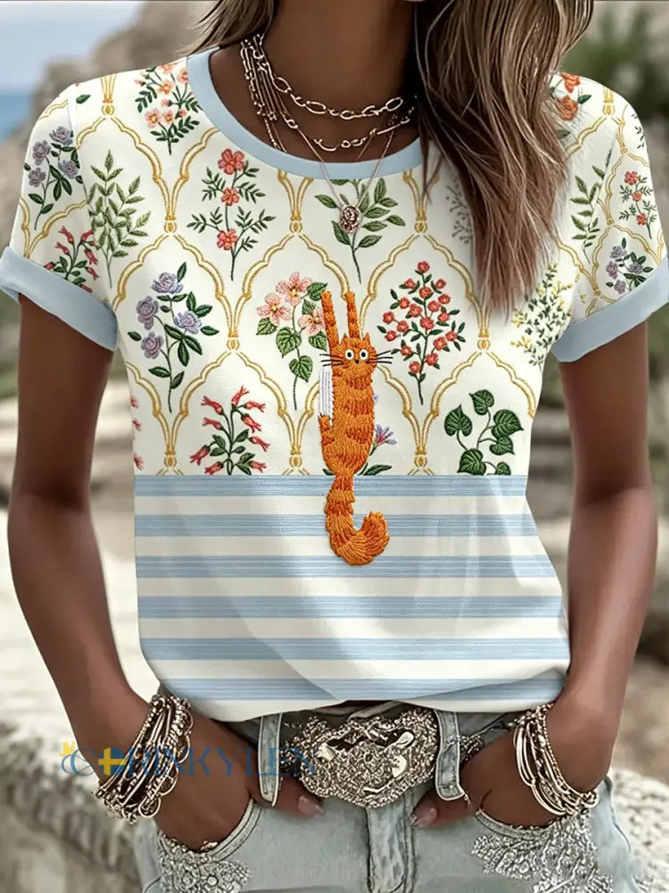 Kvinnors söt katt med blommigt grafisk Casual Short Slem T-shirt - som bild / S