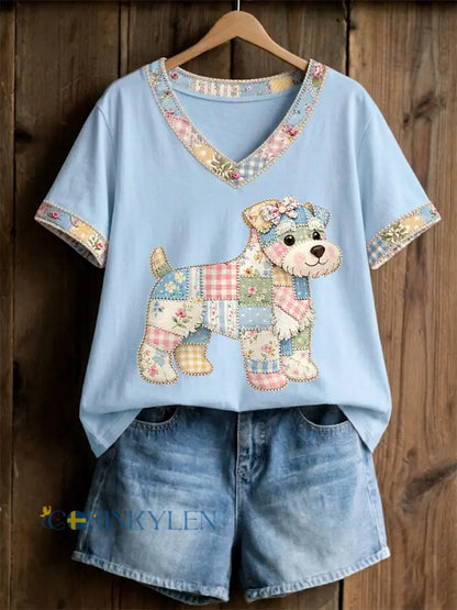 Kvinnors söta blommiga hundtryck avslappnad t-shirt med v-ringning - ljusblå / S