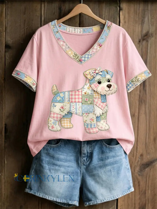 Kvinnors söta blommiga hundtryck avslappnad t-shirt med v-ringning - runt / S