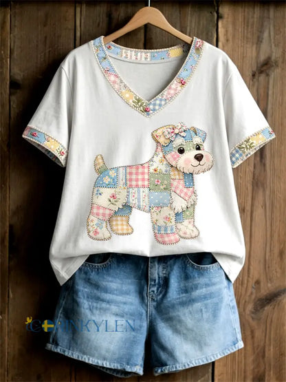 Kvinnors söta blommiga hundtryck avslappnad t-shirt med v-ringning - vitt / S
