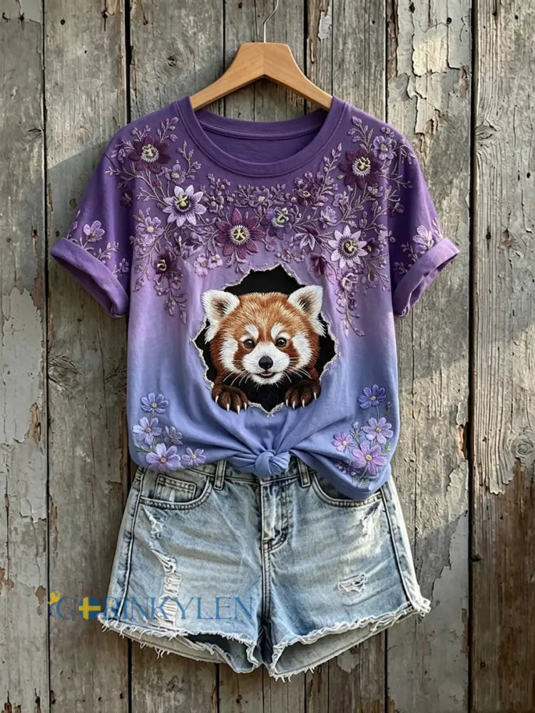 Kvinnors söta blommor Röd Panda Konst Skriv ut Short-T-shirt - mörkt / S