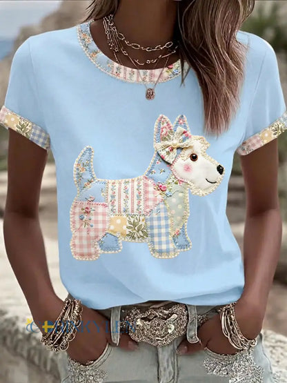 Kvinnors söta blomsterhund Print Casual Tee - ljusblå / S
